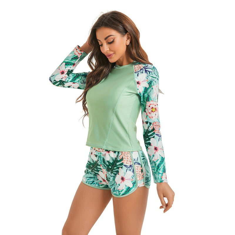 Damen Surfanzug-Set mit langärmeliger Oberteil und modischem Blumenmuster R&B