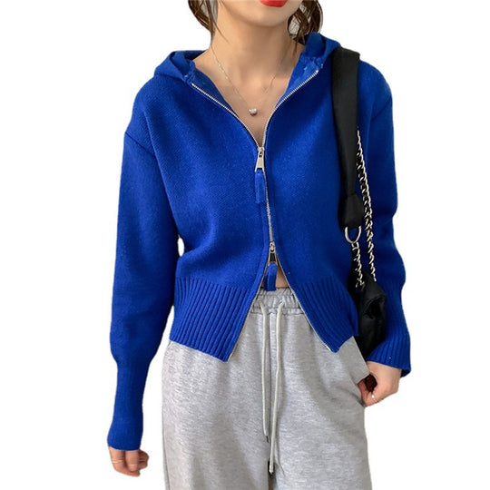 Damen modischer Zip-Hoodie aus weichem Strick R&B