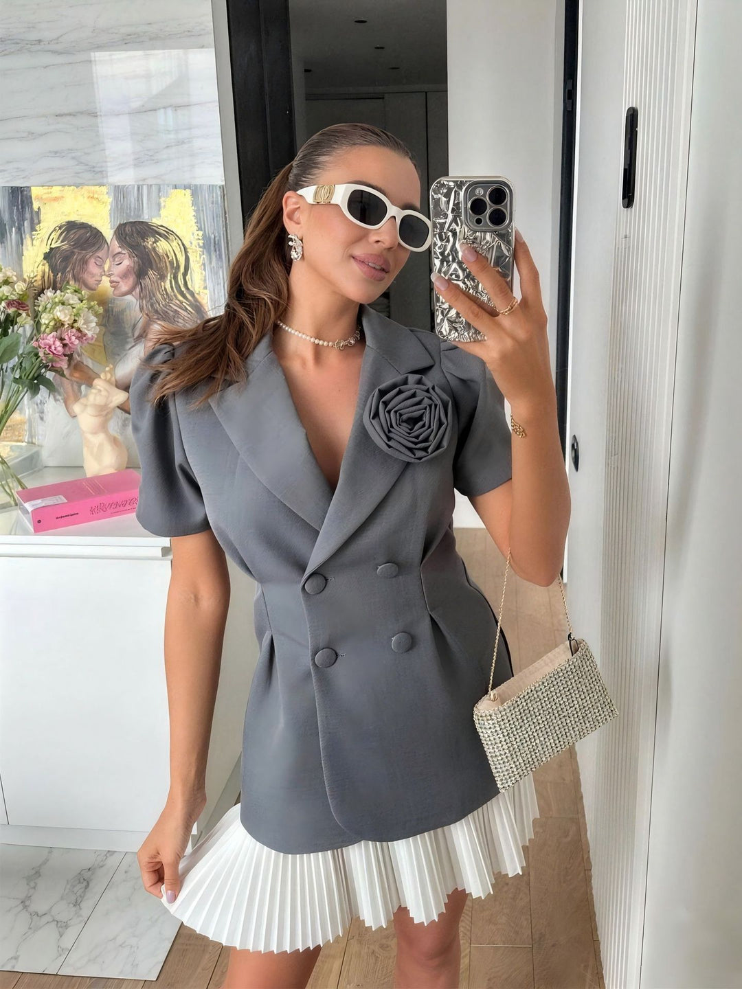 Damen eleganter Blazer mit Puffärmeln und floralem Detail R&B