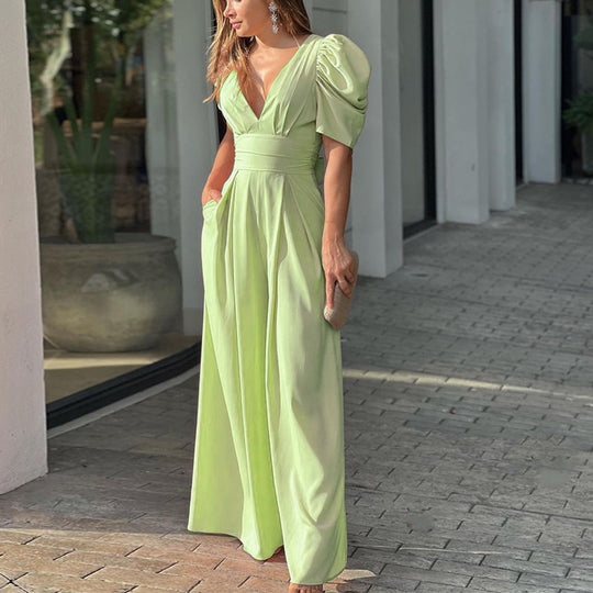 Damen Jumpsuit mit voluminösen Ärmeln und elegantem V-Ausschnitt R&B