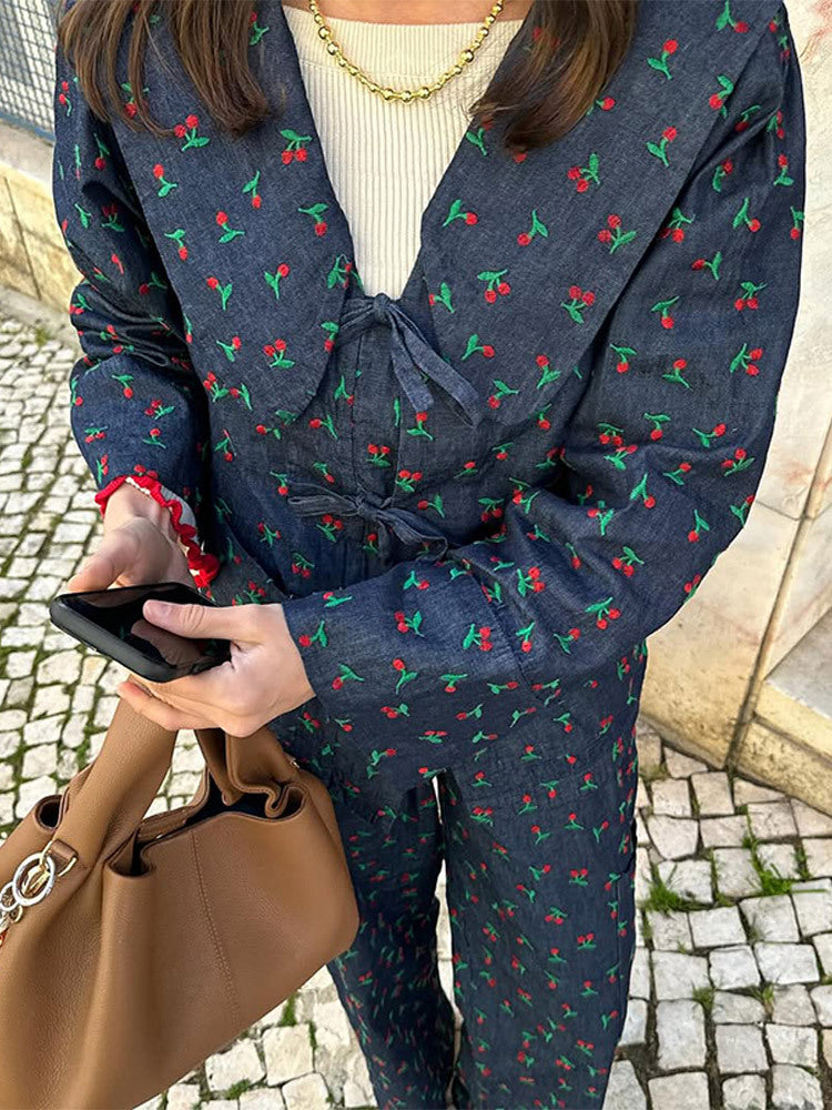 Damen lässige Blumenprint-Longpants mit elastischem Bund und seitlichen Taschen R&B