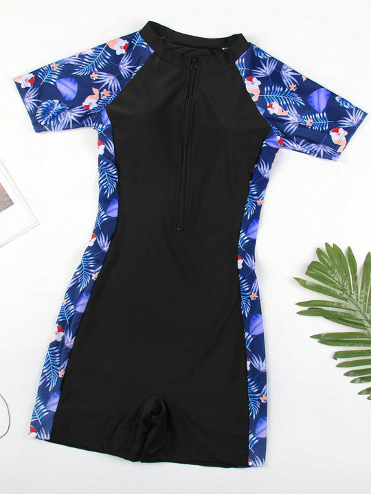 Damen sportlicher Neoprenanzug mit kurzem Arm und floralem Design R&B