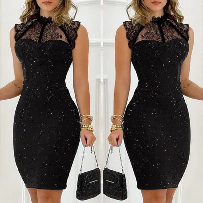 Damen Abendkleid mit exklusivem Spitzenkragen und schimmernden Akzenten R&B