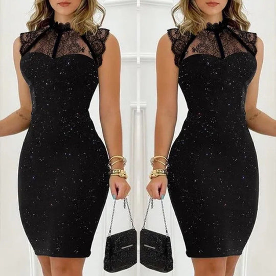Damen Abendkleid mit exklusivem Spitzenkragen und schimmernden Akzenten R&B