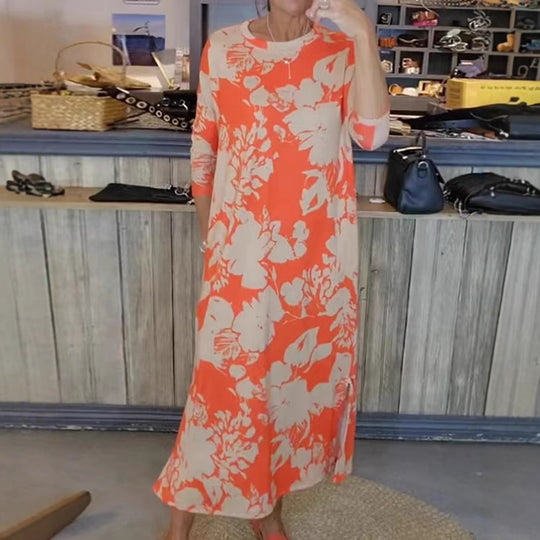 Damen nan fließendes A-Linien-Maxikleid mit Dreiviertelärmeln Rundhalsausschnitt Seitenschlitz und Eingrifftaschen R&B