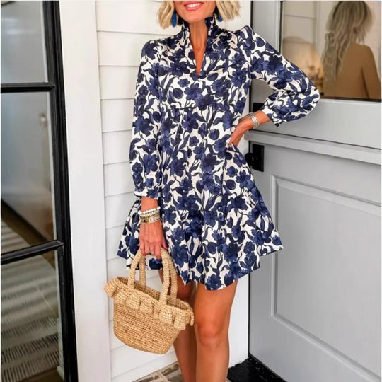 Damen Blümchenmuster Kleid mit Kragen R&B
