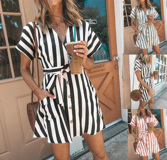 Damen Wickelkleid im modernen Streifenlook mit praktischer Knopfleiste und Taillengürtel R&B
