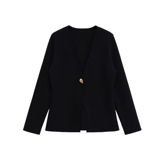 Damen lässiger V-Ausschnitt Cardigan mit dekorativem Knopf R&B