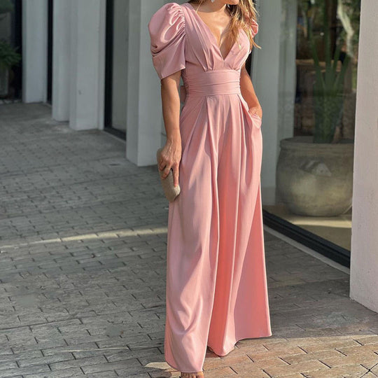 Damen Jumpsuit mit voluminösen Ärmeln und elegantem V-Ausschnitt R&B