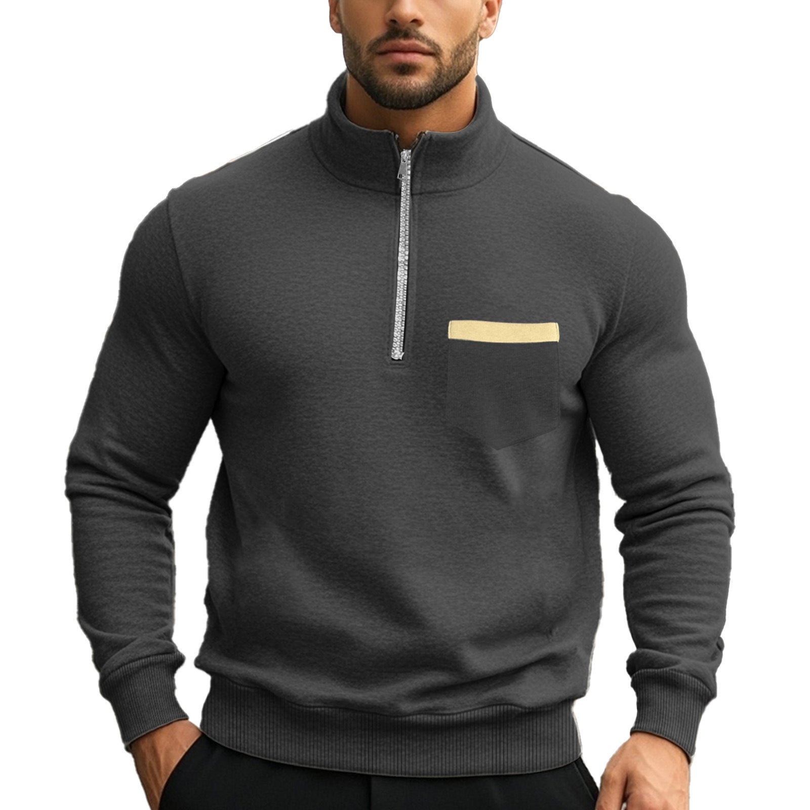 Herren Sportlicher Pullover mit halbem Reißverschluss und Kontrastbrusttasche R&B