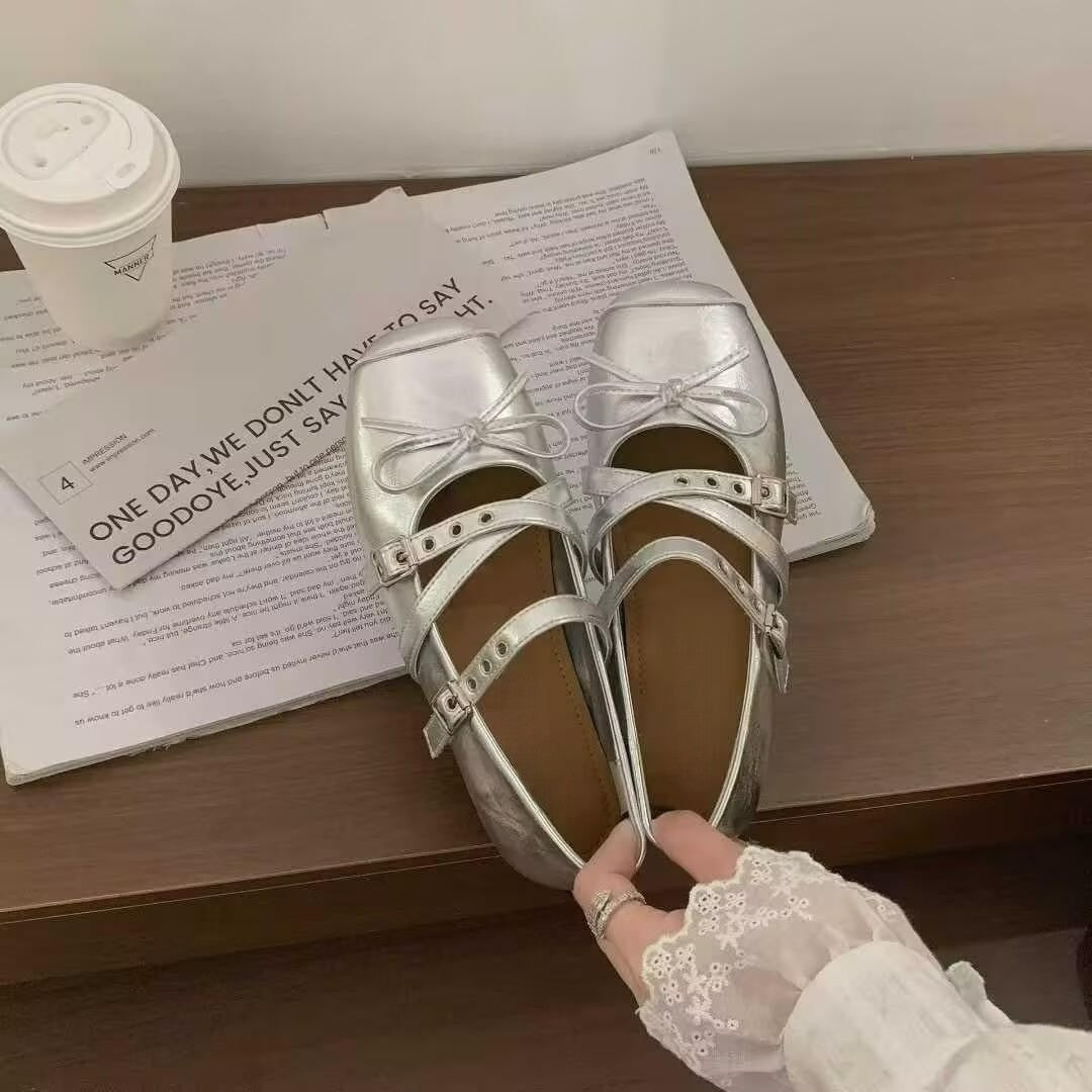Damen Ballerina-Schuhe mit dekorativen Doppelschnallen und modischen Schleifen R&B