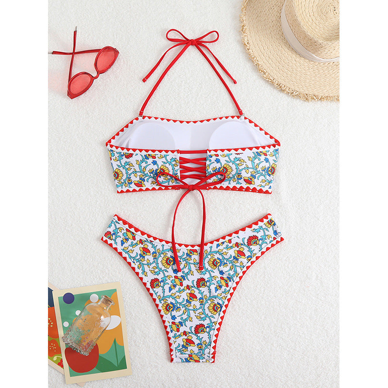 Damen Bandeau-Bikini mit floralem Muster und doppeltem Bortenabschluss R&B