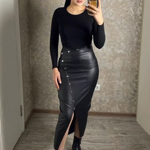 Damen Hochtaillierter Kunstleder-Rock mit Knopfdetails und Schlitz R&B
