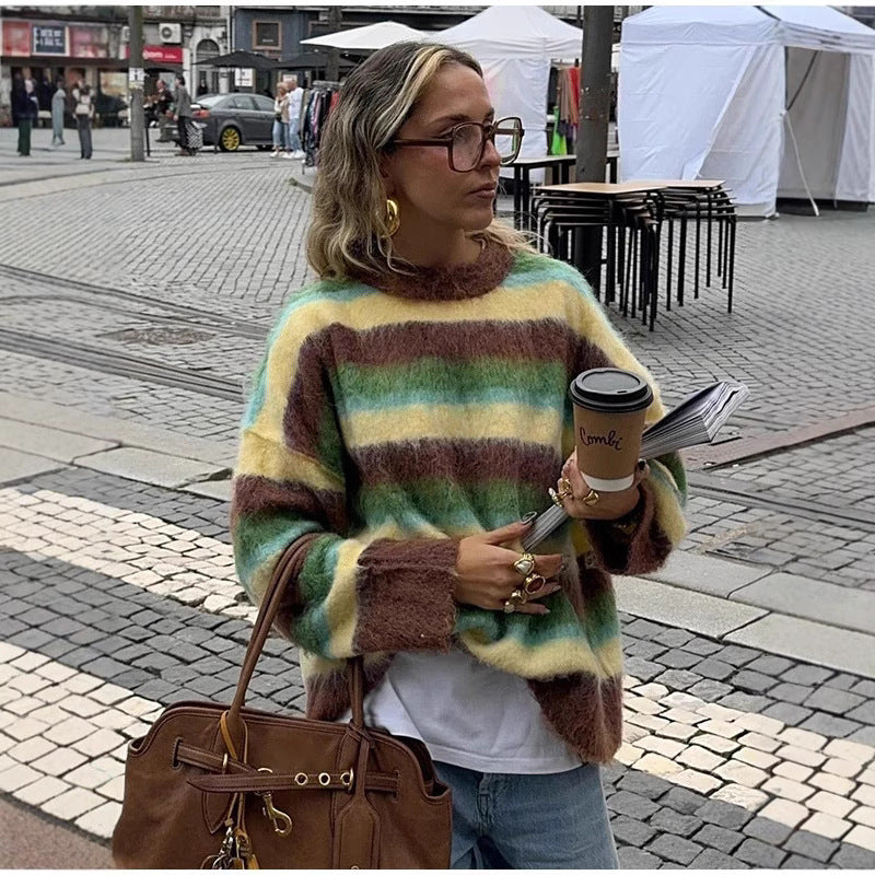 Damen Oversized Strickpullover mit farbenfrohen Streifen R&B