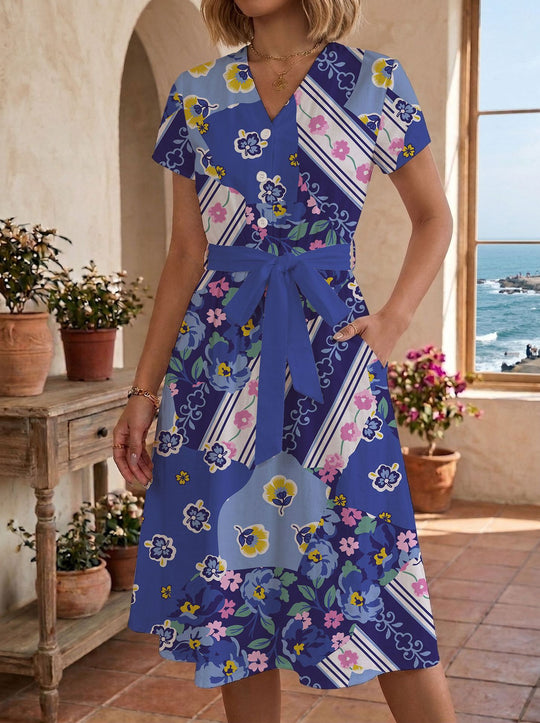 Damen Sommerliches Kleid mit taillierbarem Bindegürtel und floralem Muster R&B