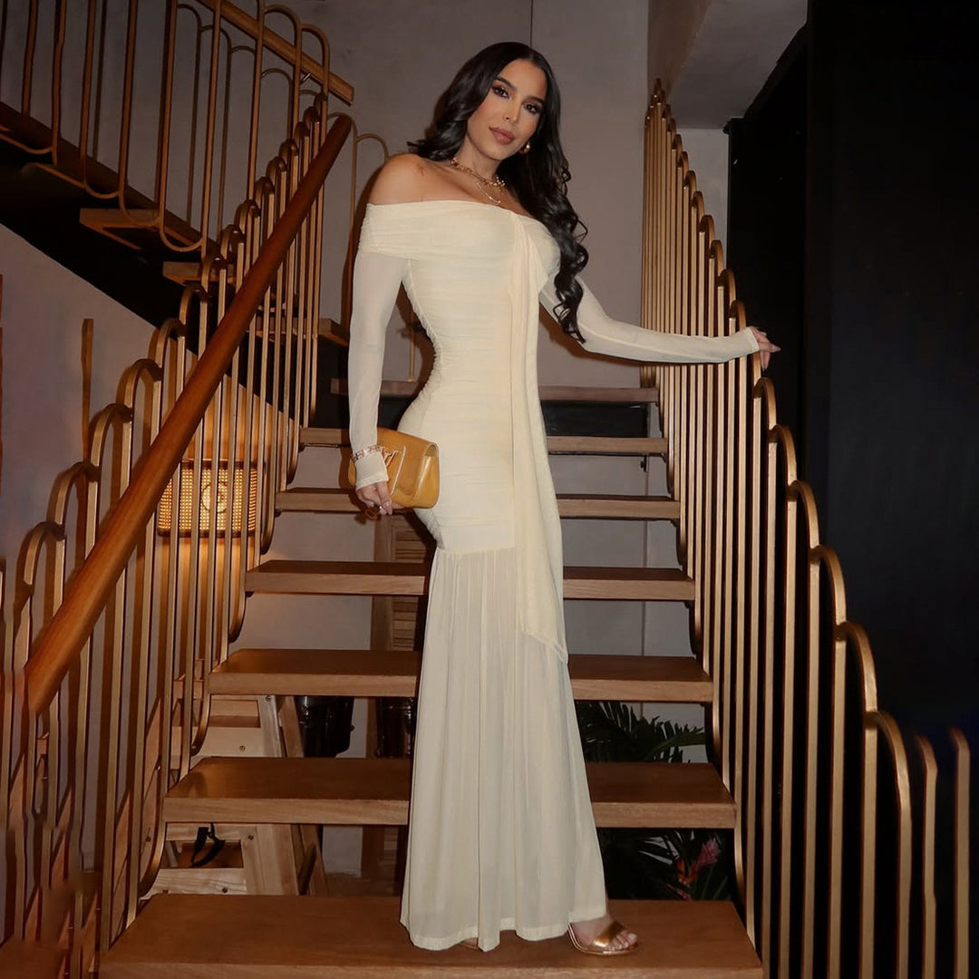 Damen Elegantes Maxikleid mit Off-Shoulder Design und raffinierten Drapierungen R&B