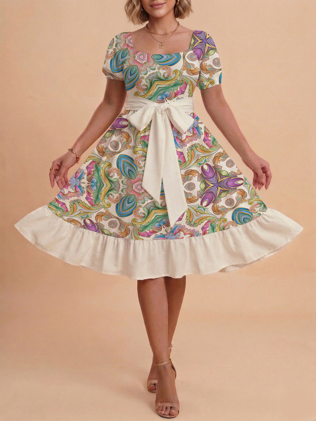 Damen elegantes Maxikleid mit floralem Design und Taillengürtel R&B