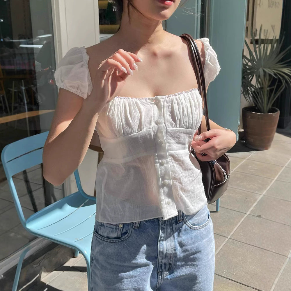 Damen Puffärmel Bluse mit Knopfdetail und geraffter Optik R&B