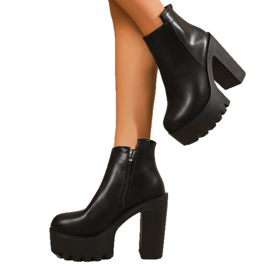 Damen Modische Plateau Stiefeletten mit markantem Blockabsatz und Reißverschluss R&B