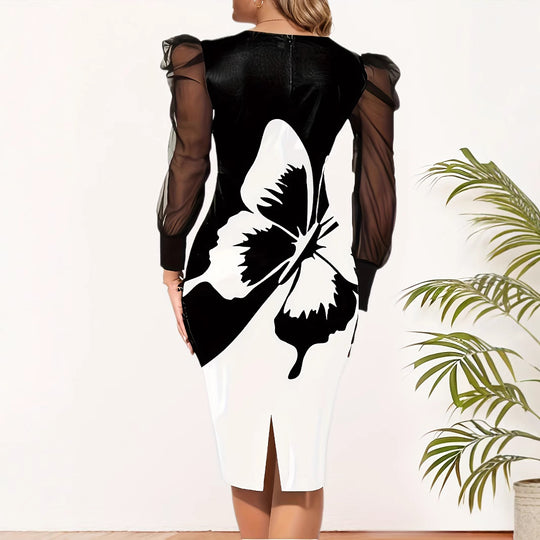 Damen Elegantes Kleid mit transparenten Ärmeln und floralem Schmetterlingsdruck R&B