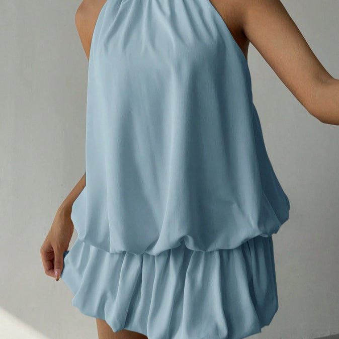 Damen sommerliches Minikleid mit haltem Kragen und asymmetrischem Design R&B