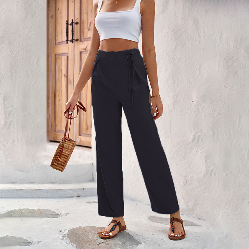Damen Weitgeschnittene Sommerhose mit elastischem Bund und bindbarem Gürtel R&B