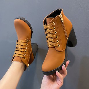 Damen Modische Stiefeletten mit trendigem Schnürung und stabilen Blockabsatz R&B