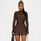 Damen Körperbetontes Longsleeve-Overall mit transparenten Ärmeln und figurformendem Schnitt R&B