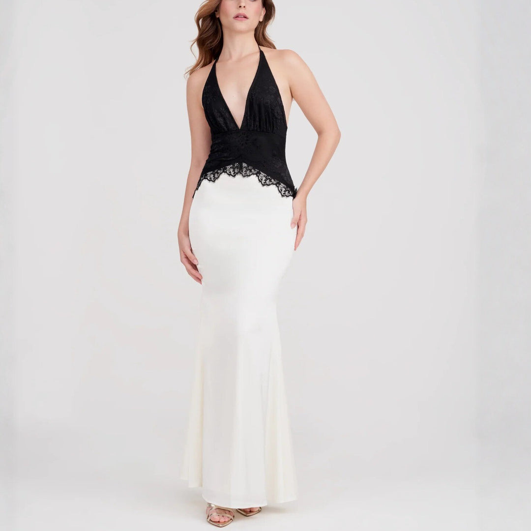 Damen Schickes Maxikleid mit Spitzenoberteil und V-Ausschnitt R&B