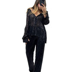 Damen Glitzerndes Lounge-Set mit langärmliger Bluse und weiten Hosen R&B