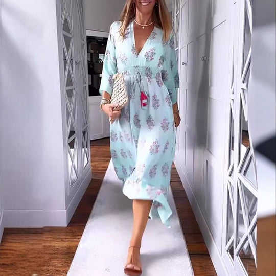 Damen nan luftig-fließendes Boho-Midikleid mit V-Ausschnitt, geraffter Smock-Taille, Kordelzug mit Quasten und asymmetrischem Volant-Saum R&B