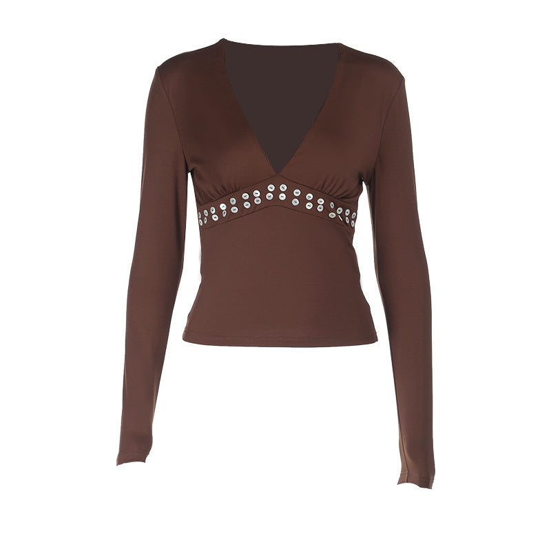 Damen elegantes Langarm-Top mit tiefem V-Ausschnitt und dekorativen Nieten R&B