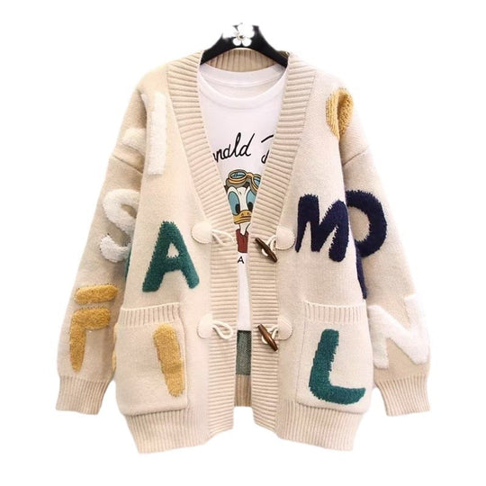 Damen Grobstrick-Cardigan mit bunten Applikationen und großen Taschen R&B