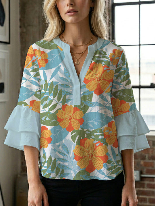 Damen elegantes Blusenshirt mit voluminösen Rüsenärmeln und grafischem Blumendesign R&B