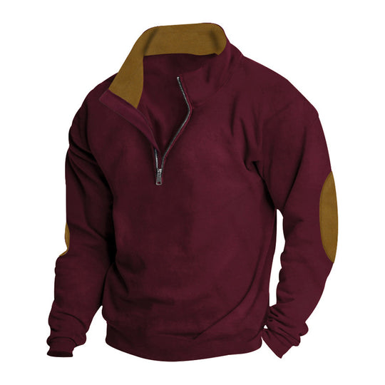 Herren nan Komfort-Pullover mit kurzem Reißverschluss, Stehkragen, verstärkten Ellenbogenbesätzen und angerautem Innenfutter R&B