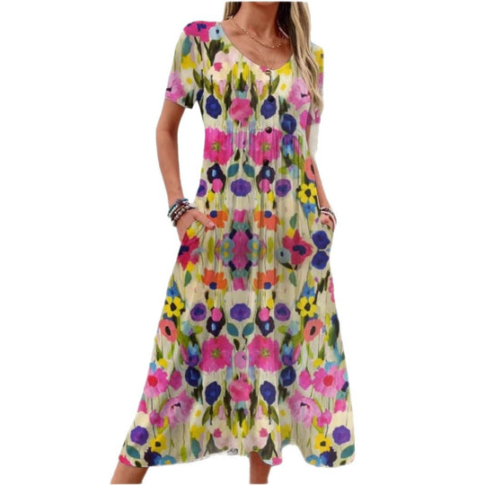 Damen Maxi-Kleid mit floralem Design und praktischen Taschen R&B