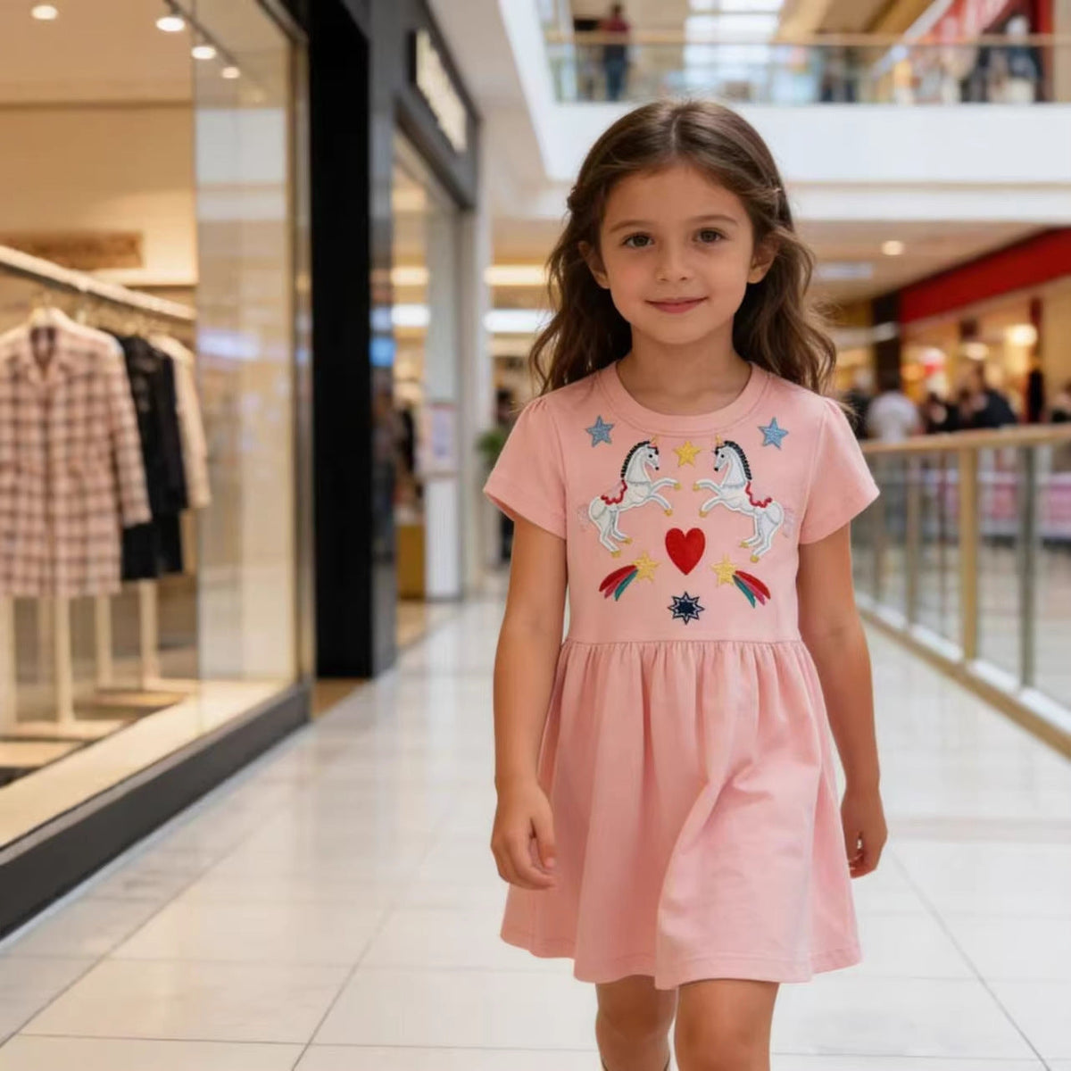 Mädchen Sommerkleid mit buntem Einhornmotiv und fröhlichen Applikationen R&B