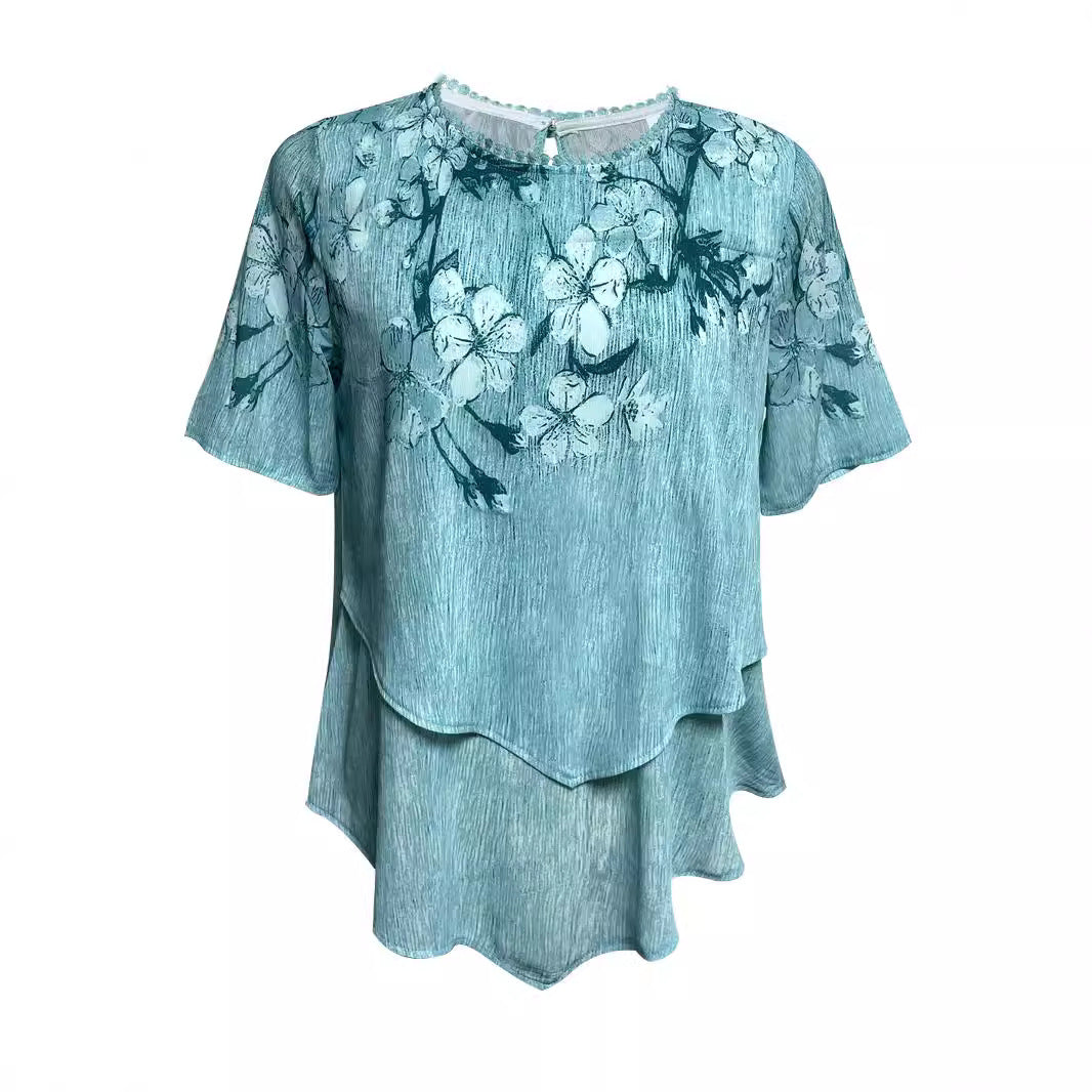 Damen nan zweilagiges Blusenkleid mit asymmetrischem Stufensaum, floraler Druckpasse und Flügelärmeln R&B