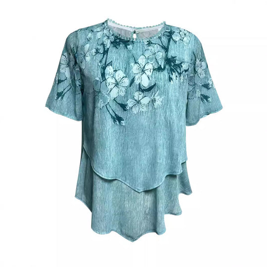 Damen nan zweilagiges Blusenkleid mit asymmetrischem Stufensaum, floraler Druckpasse und Flügelärmeln R&B