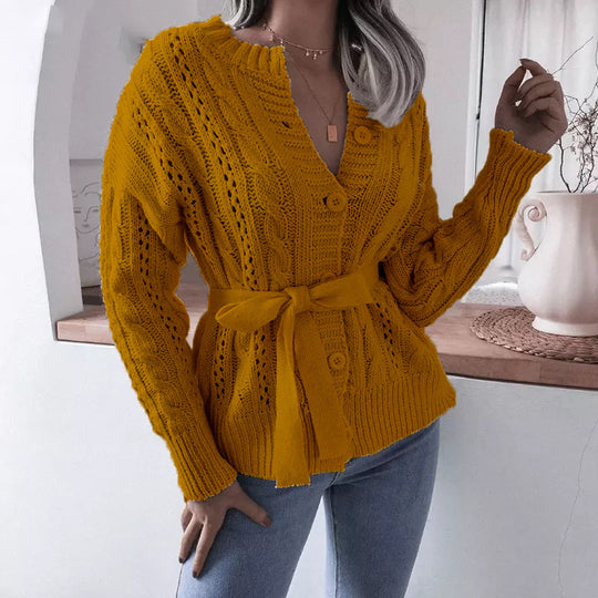 Damen Strickjacke mit Taillengürtel und raffinierten Lochmustern R&B