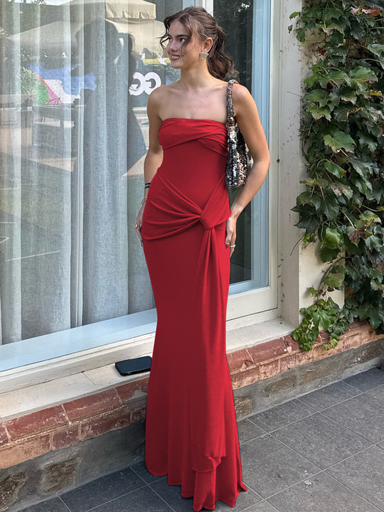 R&B | Einfarbiges ärmelloses Kleid mit hoher Taille und Ein-Wort-Ausschnitt