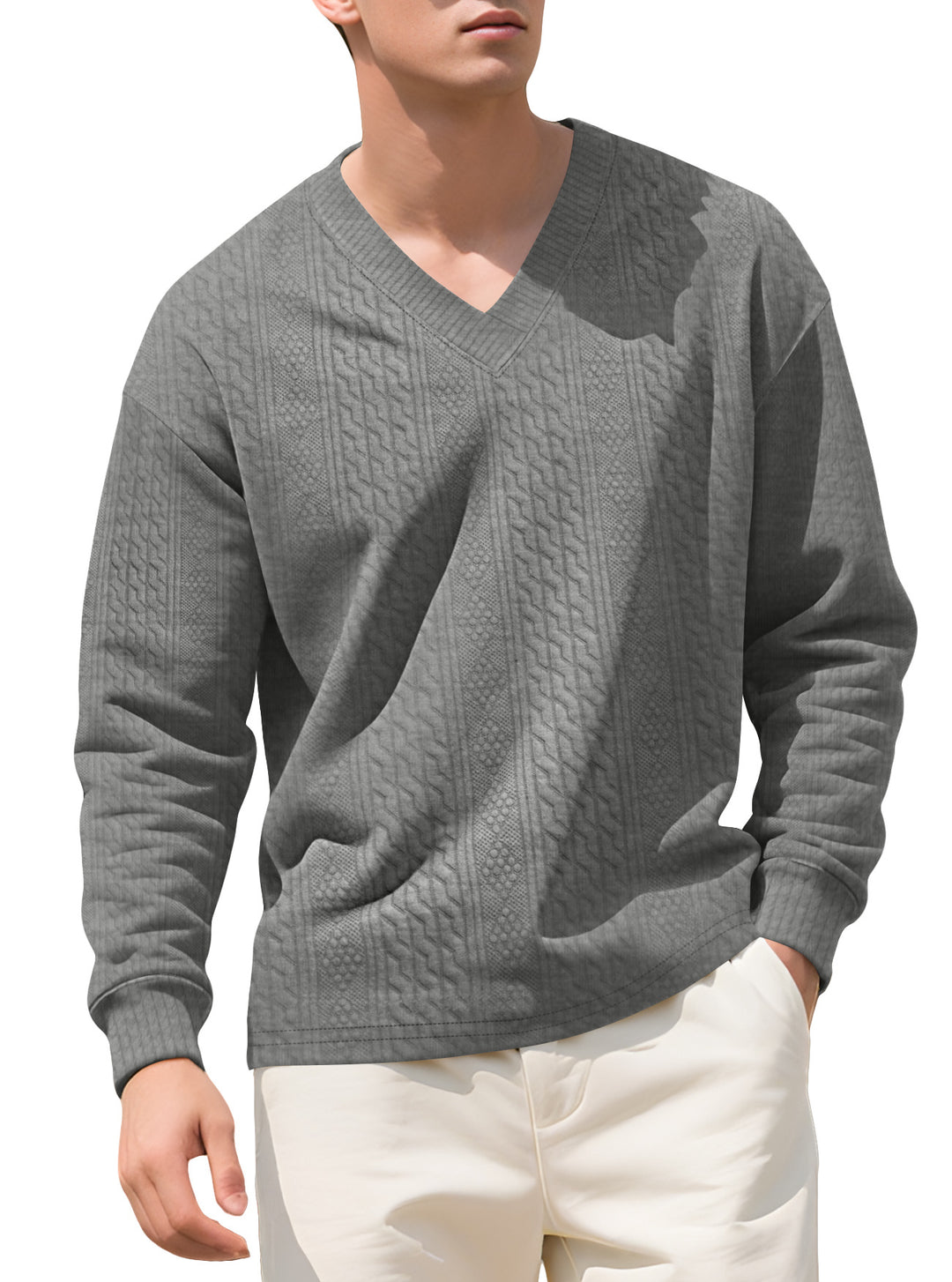 Herren nan strukturierter V-Ausschnitt Strickpullover mit Kabel- und Wabenmuster R&B