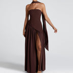 Damen Maxi-Kleid mit elegantem schulterfreiem Design und asymmetrischem Schnitt R&B