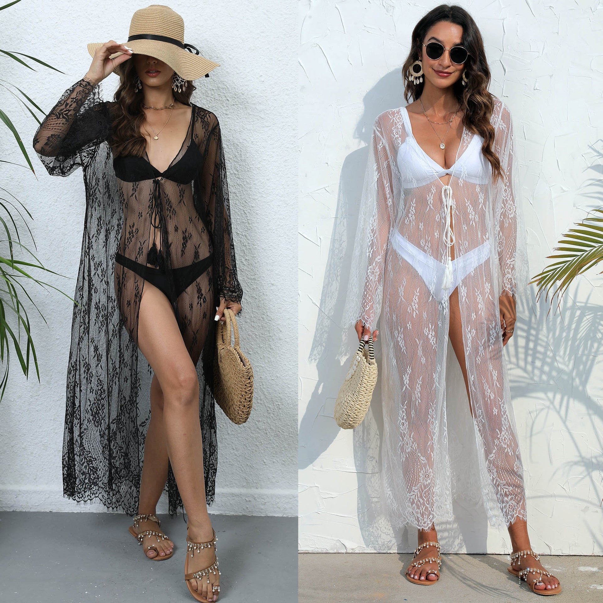 Damen transparenter Strandüberwurf mit aufwendiger Häkelspitze R&B