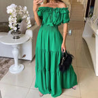Damen Maxikleid mit Schulterfreiem Design und Voluminösen Rüschen R&B