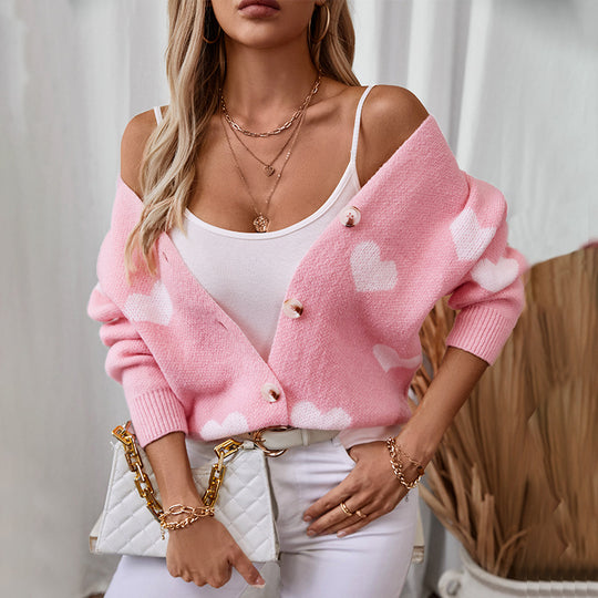 Damen modische Strickjacke mit Herzmotiven und Knöpfen R&B