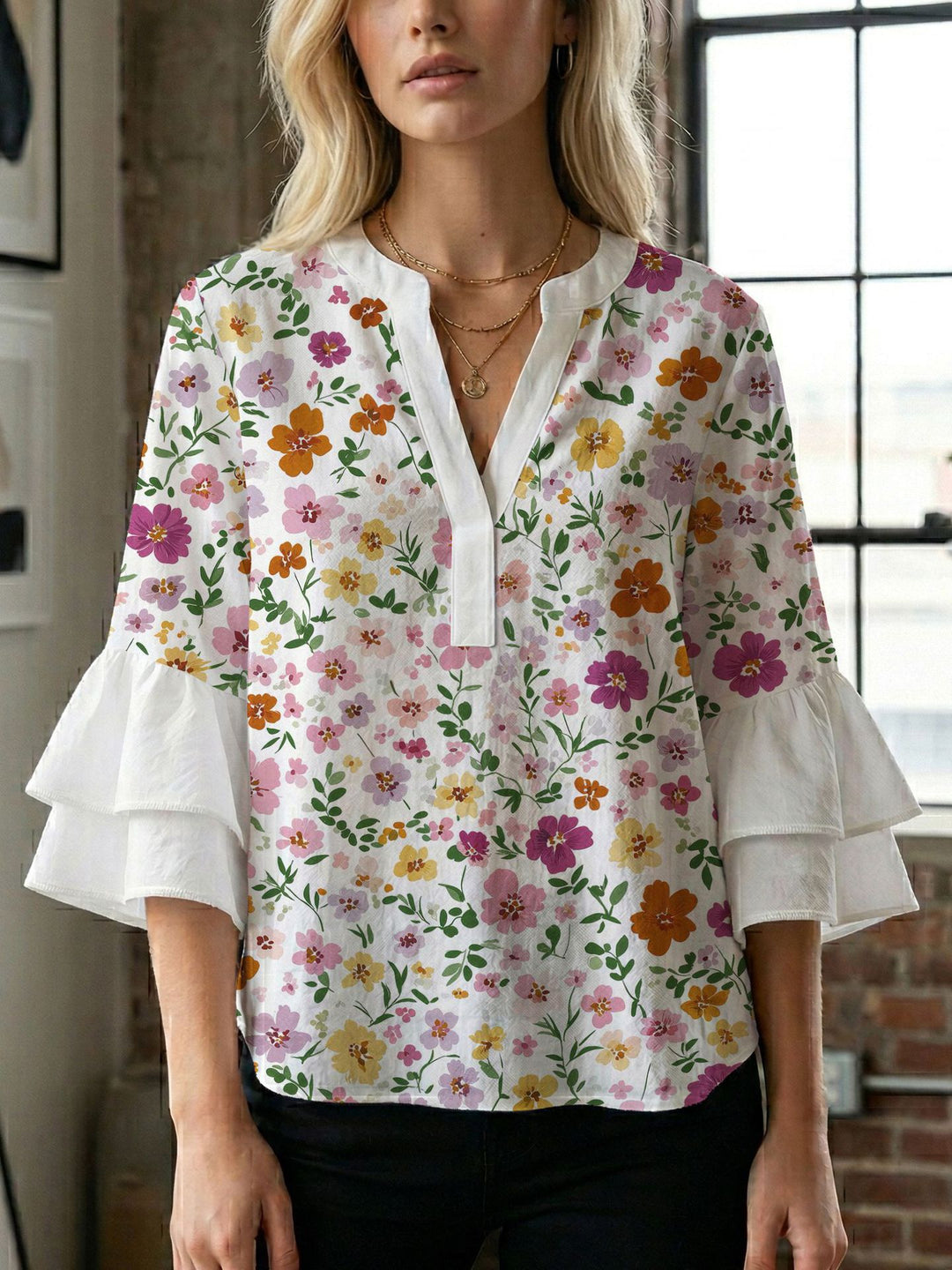 Damen Blusenshirt mit voluminösen Ärmeln und kreativem Druckdesign R&B