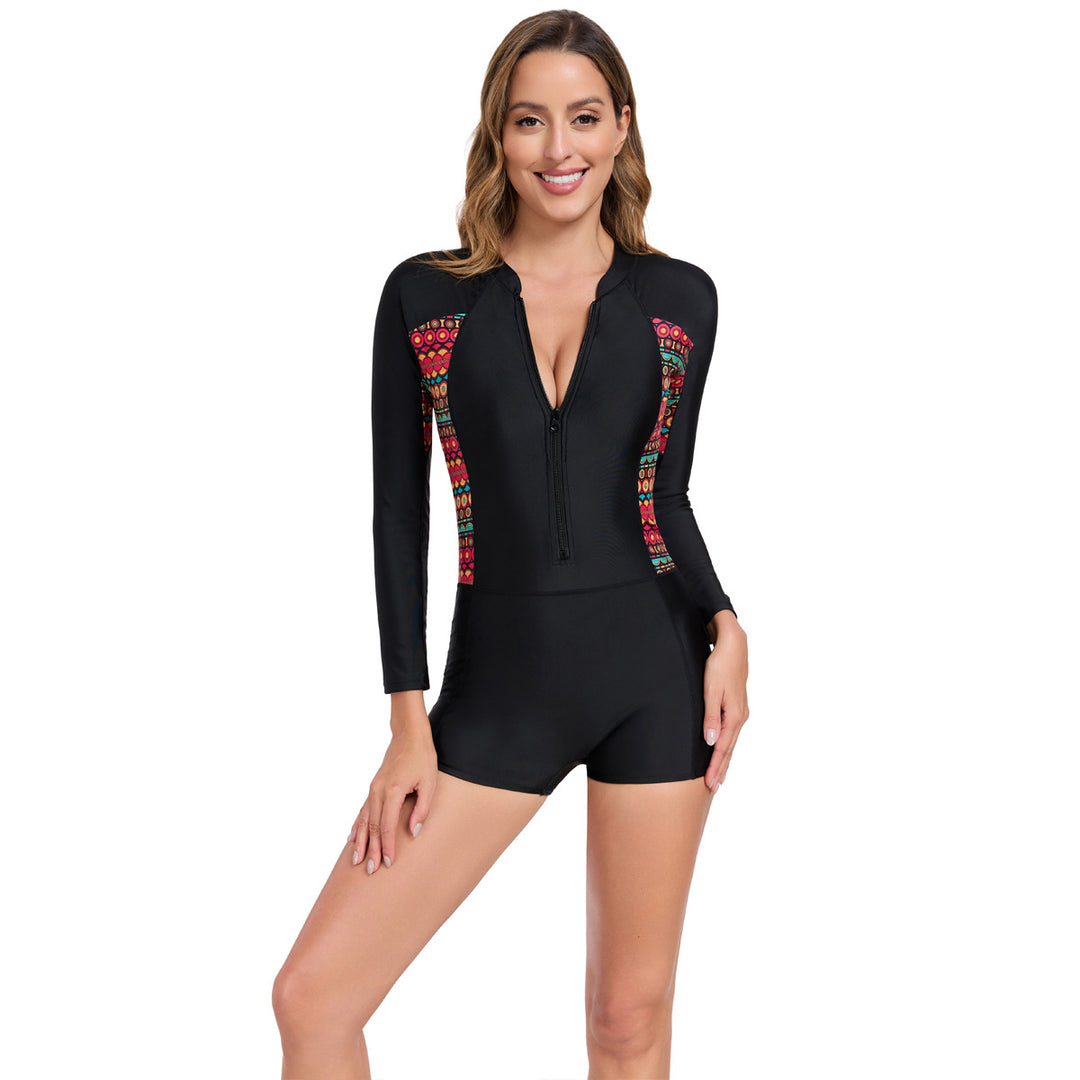 Damen Sportlicher Langarm-Badeanzug mit buntem Design R&B
