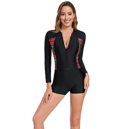 Damen Sportlicher Langarm-Badeanzug mit buntem Design R&B