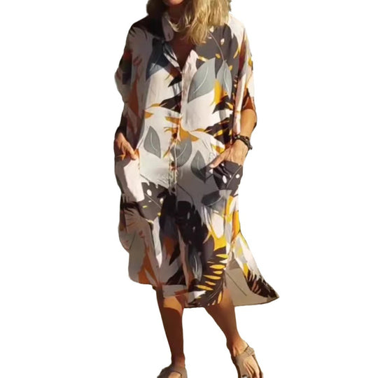 Damen nan luftig-leichtes Kaftan-Hemdkleid mit überschnittener Schulter, verdeckter Knopfleiste und seitlichen Eingrifftaschen R&B